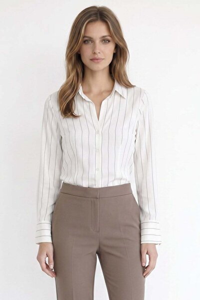 Tudors Women's slim fit striped viscose soft-touch long sleeve shirred ecru b...