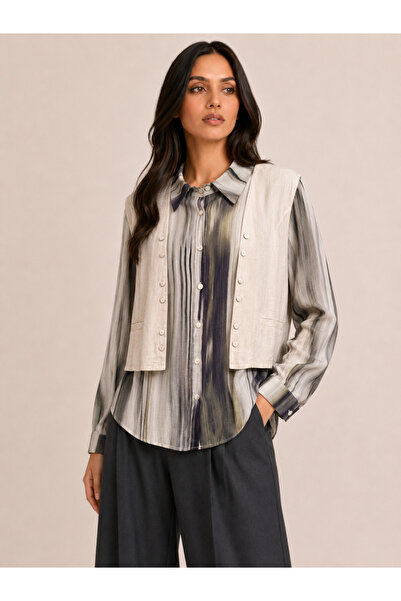 berlanty Marble-Patterned Chiffon Blouse Set with High-End Linen Trousers