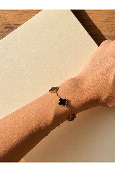 Alveole Jewelry Siyah Yonca Motifli Gold Çelik Bileklik