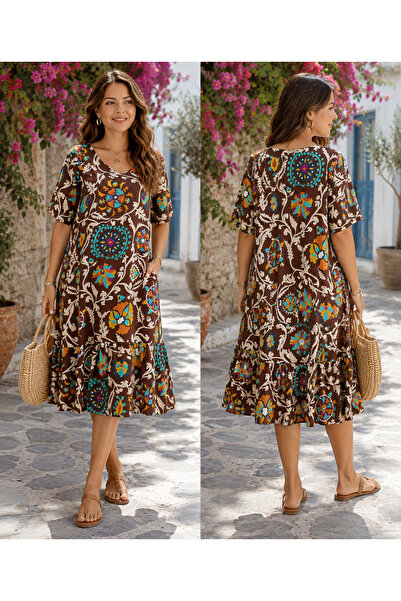 Troya Cotton Marrakesh Desen Fırfırlı Cepli Viskon Elbise