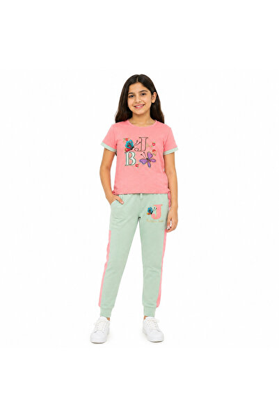 Generic Girls' Set 2Pcs Pink T-Shirt and Mint Butterfly Jogger Pants