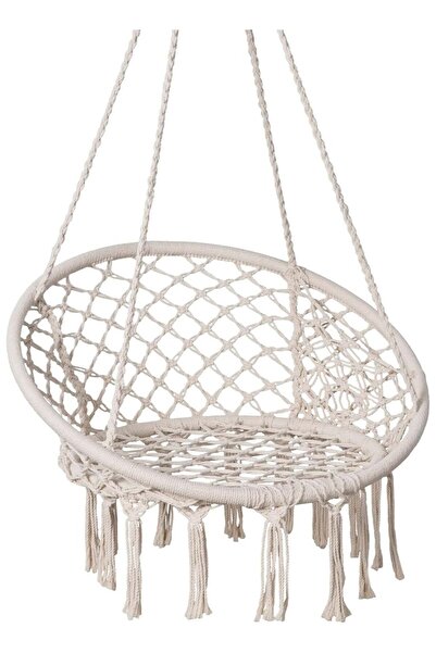 ZeeSquare Luxury Round Hammock Chair Swing White | Macrame Cotton Rope Hanging Swing Chair with Hanging Kit | Comfortable Indoor Outdoor Hanging Chair for Bedroom, Balcony, Patio & Garden Décor