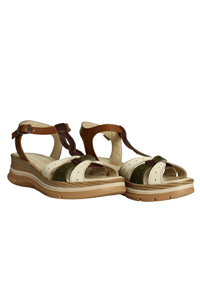 Platin Brown Combination Leather Women's Wedge Heel Sandals