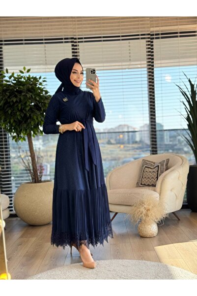 ORHAN STORE 08-1591 Üstü Taş Baskı Eteği Pilise Elbise Lacivert