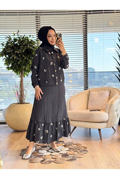 ORHAN STORE 02-2922 gofre top floral embroidered suit black