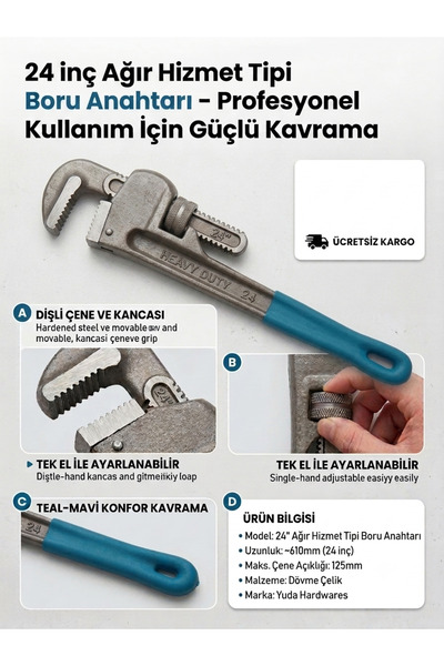 Genel Markalar Ağır Hizmet Tipi Ayarlı Boru Anahtarı (24" / 610 mm)