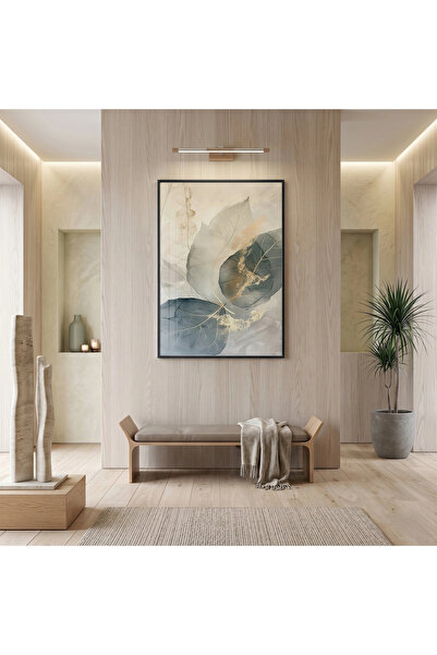 KOLAJTASARIM Tablou abstract cu frunze, albastru pastel, bej, cu ramă metalic...
