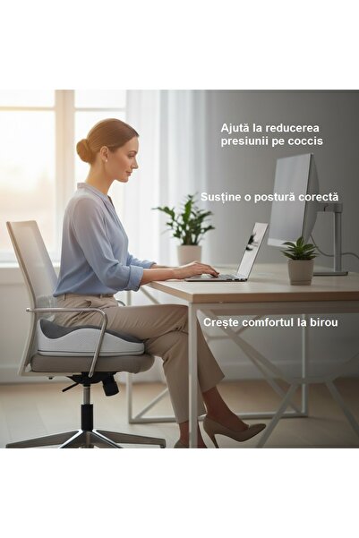 SİLKY HOME Perna ortopedica de sezut Silky Home®, spuma cu memorie premium, suport ergonomic pentru coccis, reduce disconfortul zonei lombare, sciatica si hemoroizi, husa respirabila, antialunecare, gri