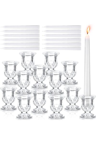 Home Zone 24 Pcs Clear Glass Taper Candle Holders 12 Pcs Small Candle Holders...
