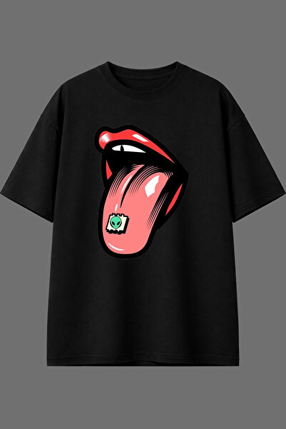 VSRN Tricou negru supradimensionat cu imprimeu frontal cu design extraterestr...