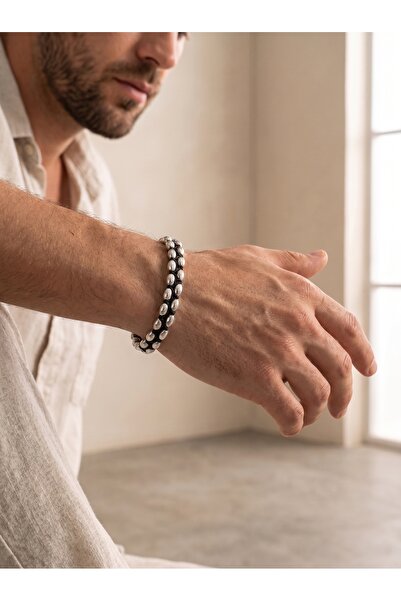 Parmas Design Barley Hematite Natural Stone Double Row Weave Steel Lock Men's...