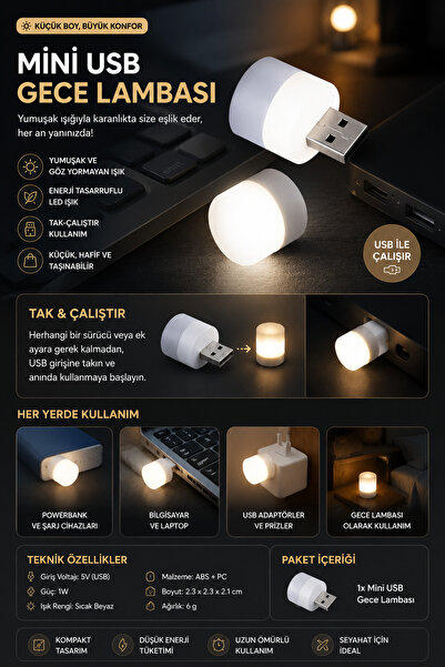 Derwell Taşınabilir Mini USB Led Gece Lambası Tak Çalıştır 1W Sıcak Beyaz Işı...