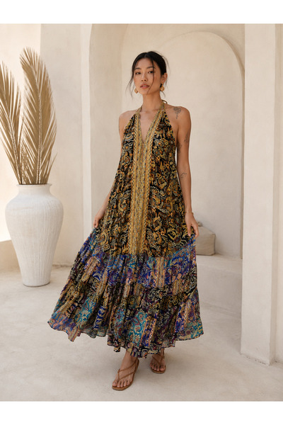 laviyonsa Imported Fabric V Low-Cut Long Silk Pleated Summer Dress Std 36-44