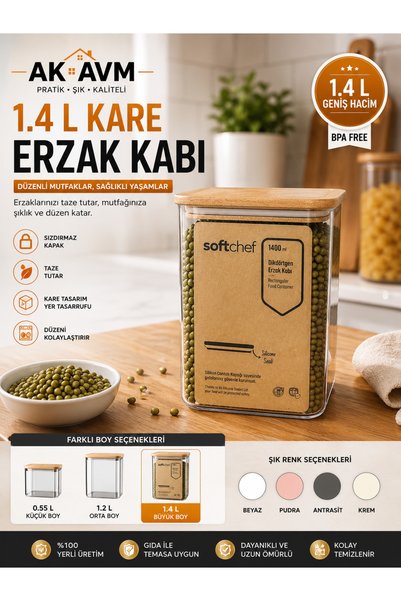 Ak Avm 1,4 L Şeffaf Erzak Kabı Kare Saklama Kabı Bambu Kapaklı Bakliyat Düzen...