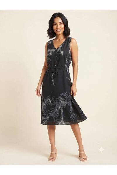 520CK Women's Black Front Buttoned Midi Dress