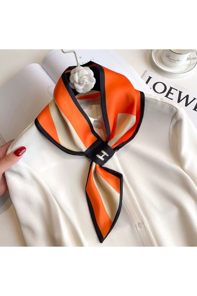 EMAYS DESIGN Women's Orange Cream Geometric Patterned Satin Tie Scarf Stylish...