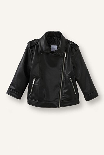 DeFacto Faux Leather Envelope Collar Black Coat Baby Girl H2076A526Au