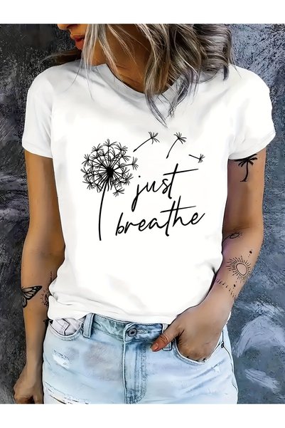 212Wear تي شيرت برقبة دائرية مطبوع عليه Just Breathe & Dandelion، قميص صيفي كاجوال بأكمام قصيرة، ملابس نسائية