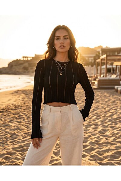 Trend Kapında Summer Thin Knit Long Sleeve Knitwear Crop Blouse