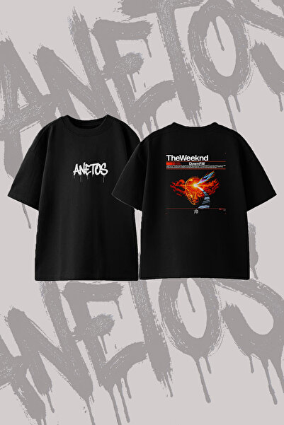 Anetos Theweeknd Dawnfm Design Back Printed Cotton Black Oversize T-Shirt