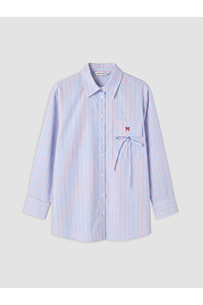 LC Waikiki Lcw Modest Blue Striped Bow Detailed Poplin Women's Shirt Tunic