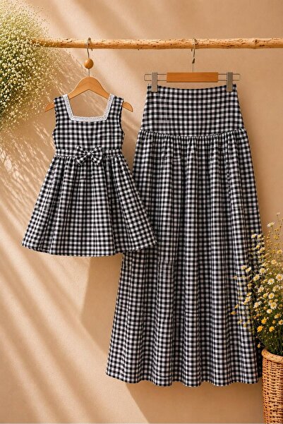 KÜÇÜĞÜM BUTİK Black Gingham Corseted Skirt and Girls' Black Gingham Dress (So...