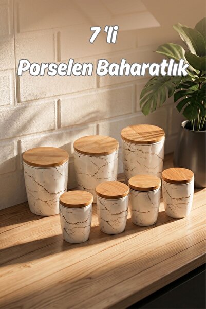 Porsima PXM2673-7/S Marble 7 Parça Bambu Vakum Kapaklı Porselen Baharat Takım...