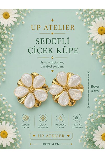 Up Atelier White Flower Earrings with Pearlescent Gold Detail
