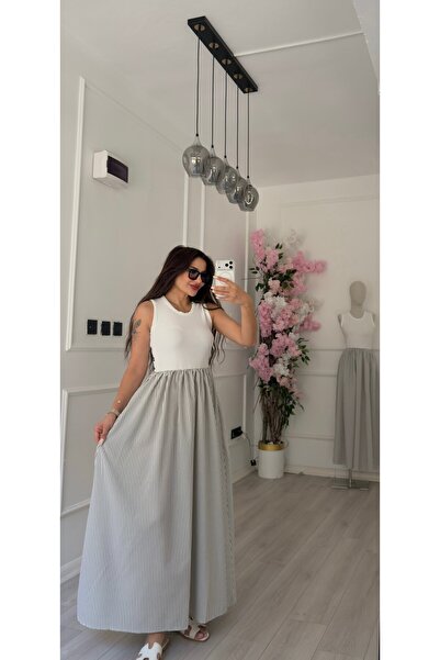 Daves Örme Üstlü Ve Gri Çizgili Poplin Etekli Elbise