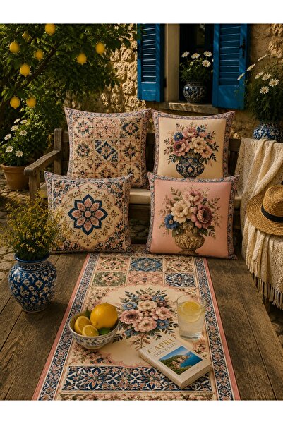 dekomingo 4'lü Dekoratif Kırlent Kılıfı 43x43 cm ve Runner 40x140 cm Çini ve ...