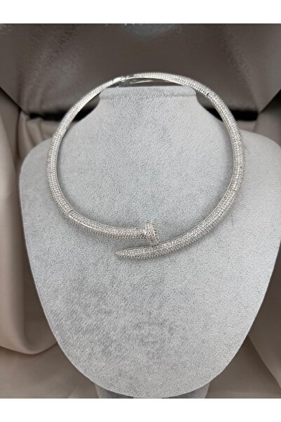 ZS Aksesuar Kadın Gümüş Renk Çivi Tasarım Choker Kolye Zirkon Taşlı Lüks Şık ...