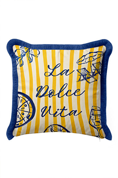 Evimde Bambaşka Summer Marine Striped La Dolce Vita Fringed Pillowcase - Navy...