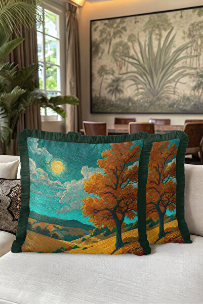 Evimde Bambaşka Landscape Autumn Moonlight Artistic Fringed Pillowcase-Turquo...
