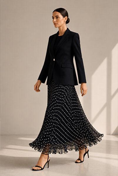 Zühre Polka Dot Pleated Black Skirt with Elastic Waist 0242