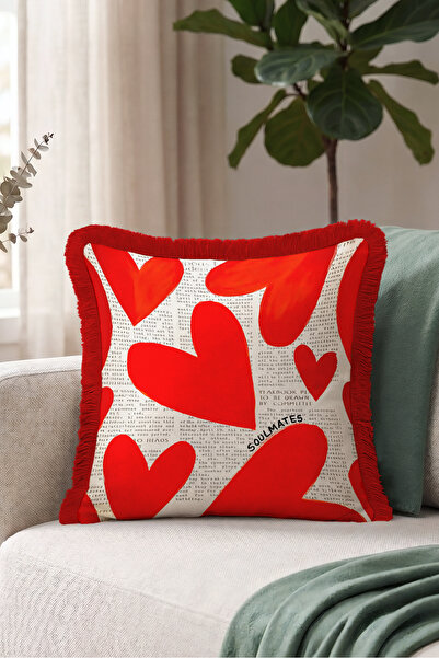 Evimde Bambaşka Romantic Heart Motif Fringed Pillowcase - Love-Themed Red Cre...
