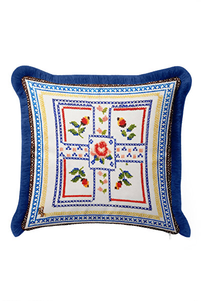 Evimde Bambaşka Floral Ethnic Motif Fringed Pillowcase - Authentic Boho Blue ...