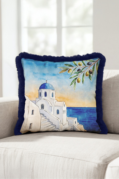 Evimde Bambaşka Mediterranean Island View Santorini Inspired Fringed Pillowca...