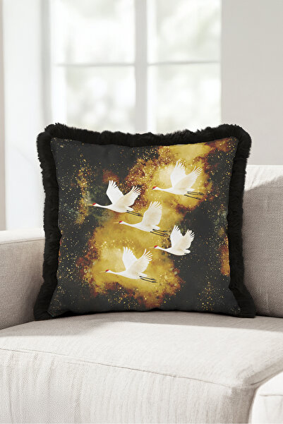 Evimde Bambaşka Japanese Crane Bird Pattern Sparkling Fringed Pillowcase-Flyi...
