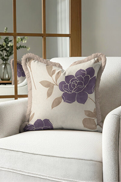 Evimde Bambaşka Floral Patterned Elegant Rose Fringed Pillowcase-Romantic Flo...