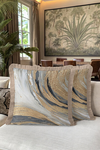 Evimde Bambaşka Marble Patterned Luxury Gold Gray Fringed Pillowcase - Abstra...