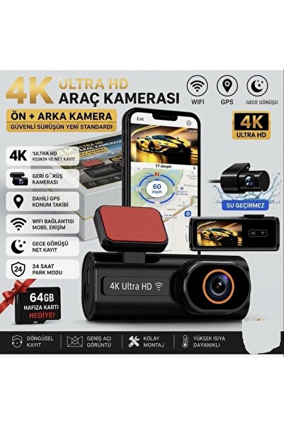 FORTİCO Ultra HD 4K Araç İçi Kamera Ön Arka Çift Kameralı 64GB Hafıza Kartlı ...
