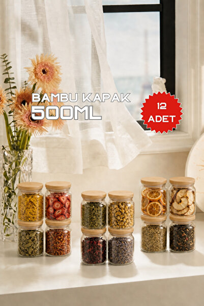 GÖNÜL 12’li 500 ml Bambu Kapaklı Cam Kavanoz Seti Vakumlu Kapaklı Baharatlık ...