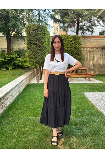 Robin volanlı kemerli midi etek
