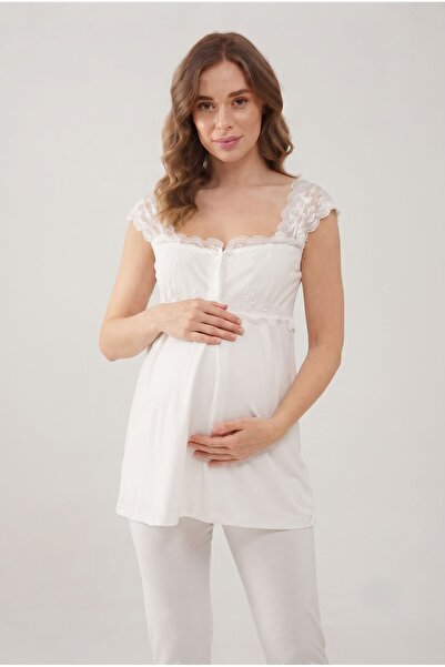 LOHOUSE Women's Ecru Lace 2-Piece Special Design Maternity Pajama Set