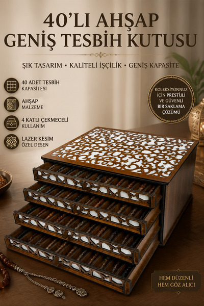 kutuTR Bölmeli Ahşap Geniş Tesbih Kutusu Çekmeceli Tesbih Saklama Kutusu TSBH01