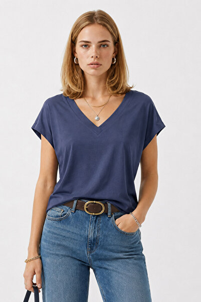 VENA V-Neck Comfortable Fit Soft Textured T-Shirt (Cupro)-Navy
