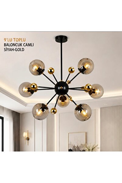Merlamp 9 Toplu Baloncuk Camlı Siyah Gold Avize E-27 duy