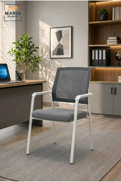 MARIA HOMES Grey Mesh Office Visitor Chair with White Frame, Supportive Armre...