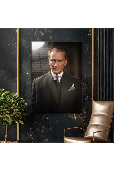 Mustafa Kemal Atatürk Tarihi Metin Arkaplanlı Resmi Portre Cam Tablo