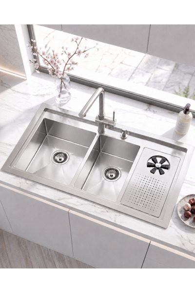 DUREVO Moderno Double- 100x50 cm Paslanmaz Çelik Çift Hazneli Bardak Yıkamalı...